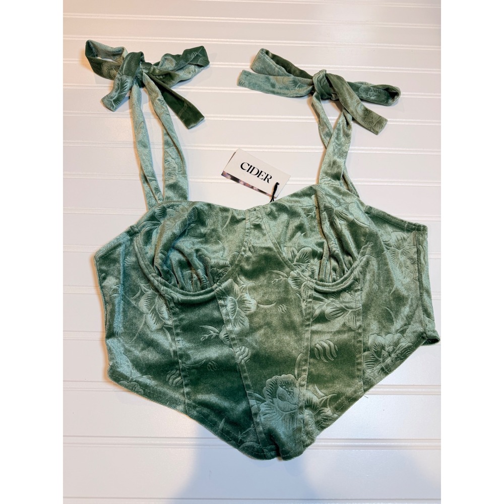 Cider Green Floral Embossed Velvet Corset Top Tie Shoulder Bustier Large
